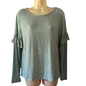 No Comment Green Heather Knit Top Woman Size Medium Long Sleeve Ruffle Pullover
